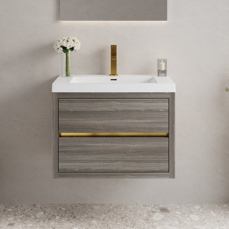 30" Wall-Mounted Bathroom Vanities Floating Single Vanity with Stone Resin Top Basin, 2 Soft Close Drawers, Ash Gray, Gray