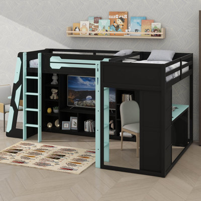 Lit mezzanine simple en L avec bureaux intégrés, base de lit de jeu en bois avec DEL RVB, connecteurs USB, support pour téléviseur et rangement