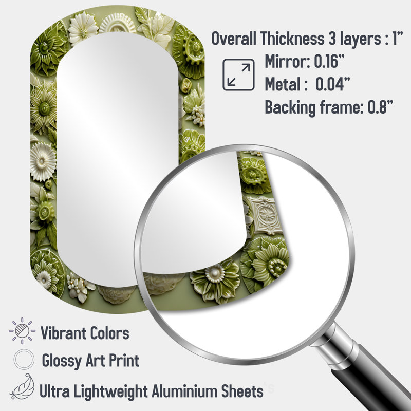 Botanicals Green Floral Tiles I - Abstract Botanicals 3D Shapes Irregular Modern Large Wall Mirror, 31" x 19"