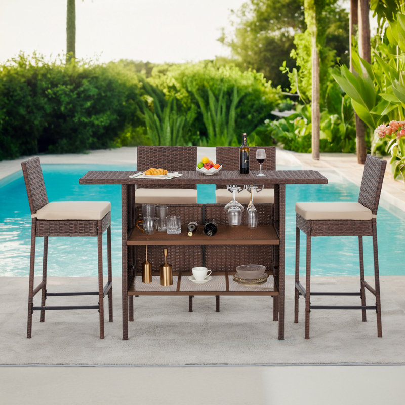 Wicker Bar Set with 4 Stools & Outdoor Bar Table, Brown