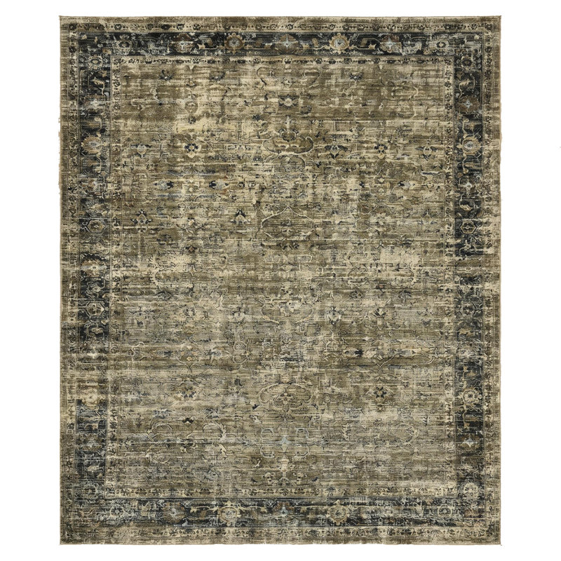 Washable Area Rug, Vintage Distressed Low Pile Non-Slip Foldable Retro Abstract Indoor Floor Carpet, Green, 9'x12', Green