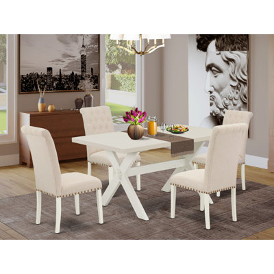 Ensemble de table de salle à manger 5 pièces comprenant une table de salle à manger rectangulaire avec pieds en X et 4 chaises rembourrées en tissu beige clair, lin blanc