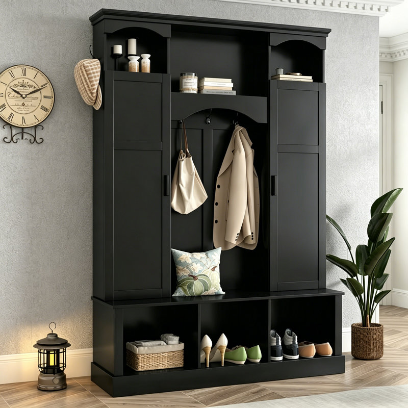 Modern All-In-One Farmhouse Hall Tree With Arched Design, Entryway Storage Bench With Dual Side Cabinets, Adjustable Shelves And 7 Hanging Hooks, Black
