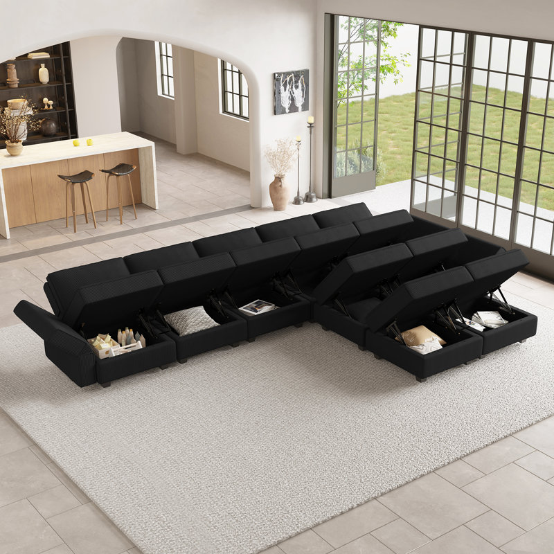 Wylodene 9-Piece Reversible Modular and Standard Velvet Sectional with Storage, Black Corduroy