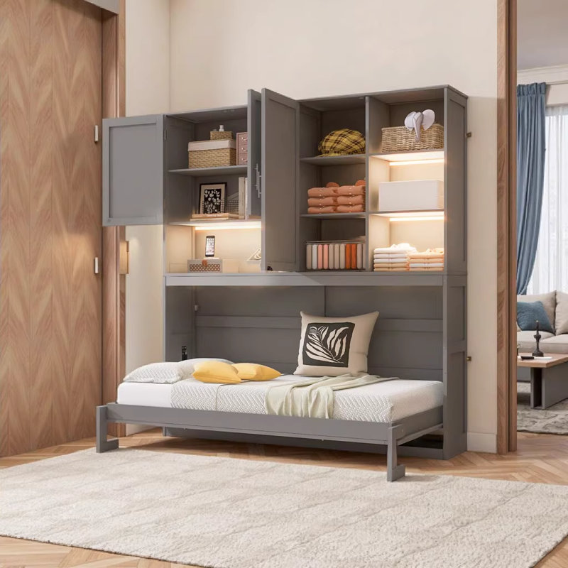 Lit escamotable mural simple avec armoire supérieure et tablettes - Conception pliable peu encombrante avec lumière DEL et ports USB, gris
