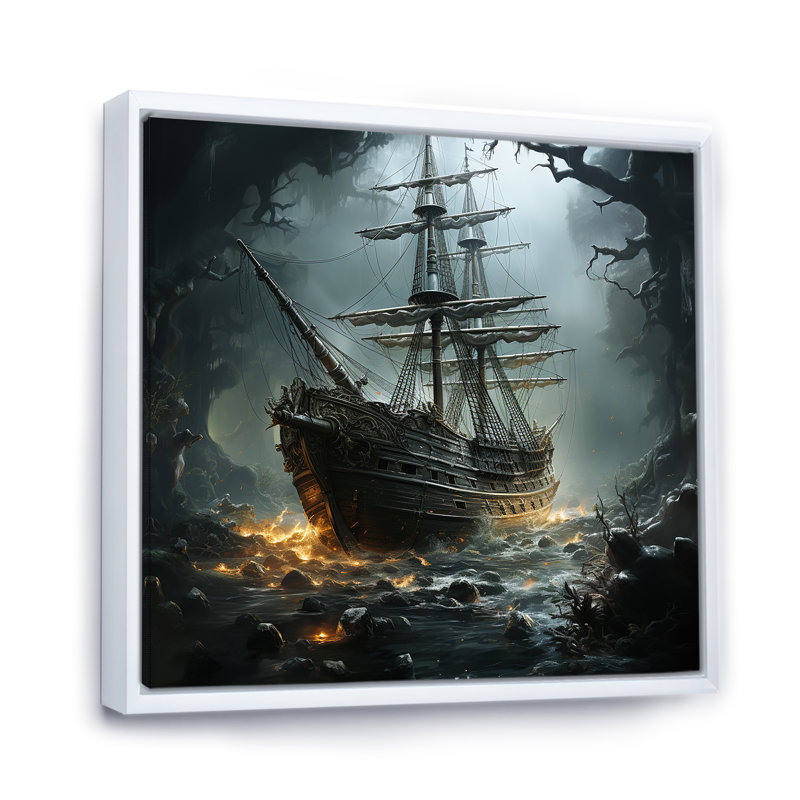 Naufrage pirate 2 - art mural pirate, H 30 po x l 30 po x P 1,5 po, Cadre flottant blanc