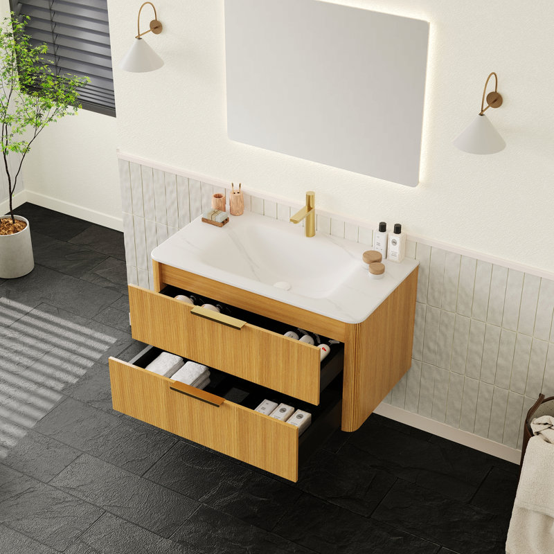 Meuble-lavabo de salle de bain avec lavabo, armoire de rangement en contreplaqué avec tiroirs, Chêne clair