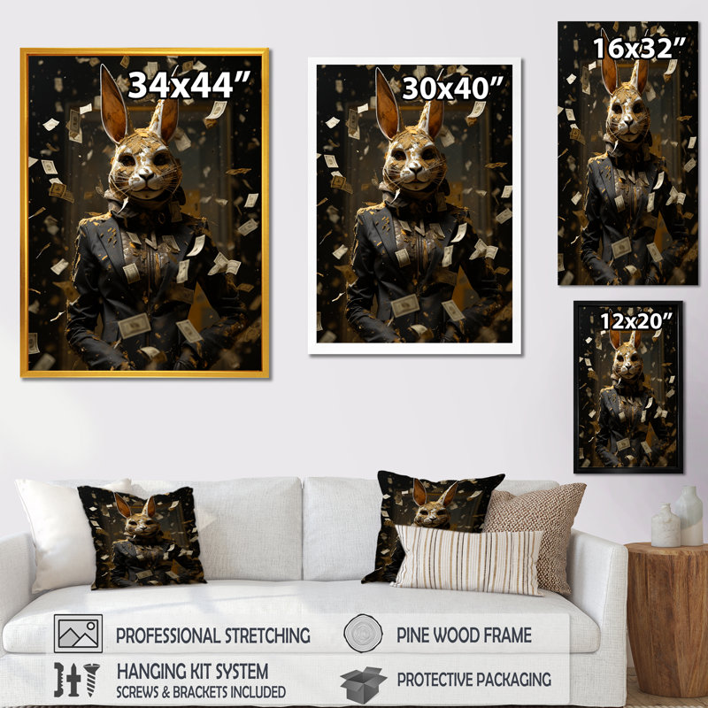 «Bunny Bank Robber Street Art I», reproduction d'art abstrait mural, H 20 po x l 12 po x P 1 po, Cadre simple noir