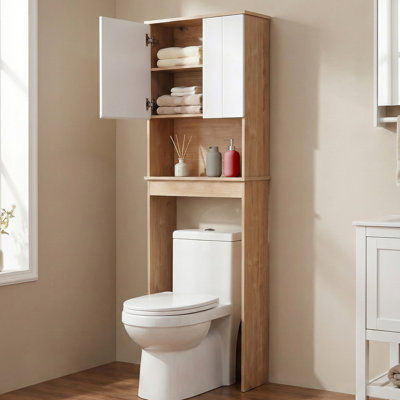 Armoire de rangement moderne au-dessus de la toilette, économiseur d'espace en bois naturel et blanc à deux tons avec portes asymétriques à fermeture en douceur et tablettes réglables