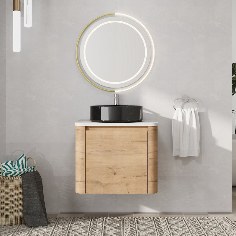 Meuble-lavabo mural simple avec lavabo en céramique, Noir, 24"