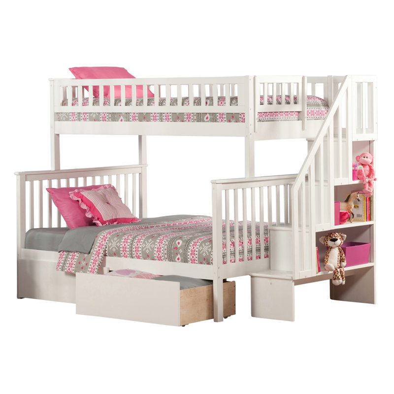Ilariana Wood Bunk Bed with Staircase and Drawers, White, Twin over Full