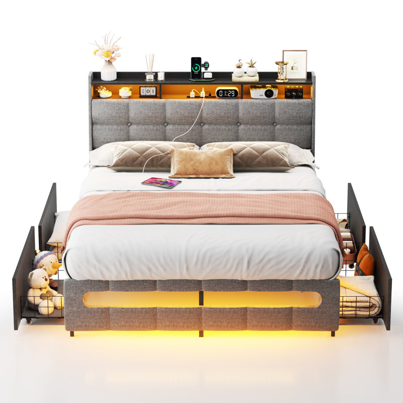 Structure de lit tapissier avec tiroirs avec tête de rangement, lumière DEL pour station de charge, Double, Gris