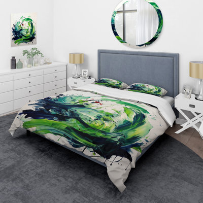 «Green and White Abstract Ink Expression V», peinture abstraite, ensemble de housse de couette
