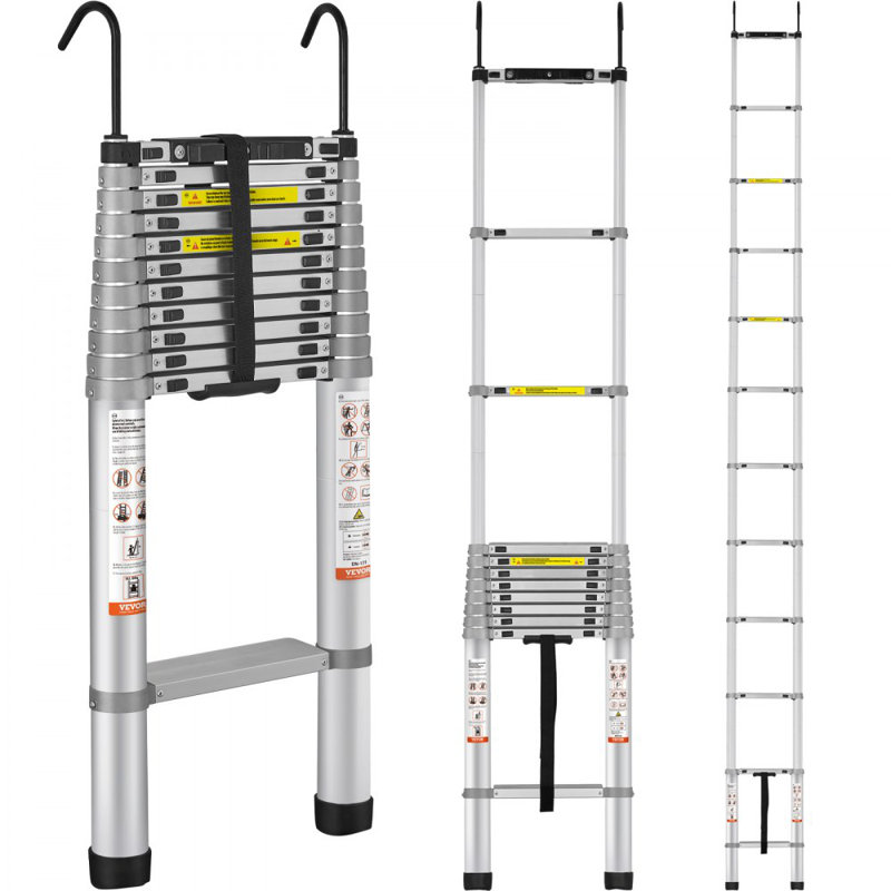 Échelle télescopique, échelle escamotable rétractable en aluminium à un bouton de 18,5 pi, capacité de 400 lb avec pieds antidérapants, échelle compacte polyvalente pour la maison, le véhicule récréatif, le loft, liste ANSI
