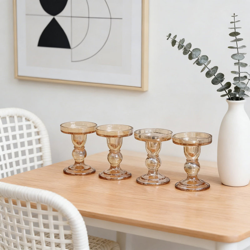Set Of 4 Clear Glass Candle Holders For Pillar, Taper, And Tealight Candles, Vintage Style Centerpiece For Wedding, Christmas, And Home Table Decor