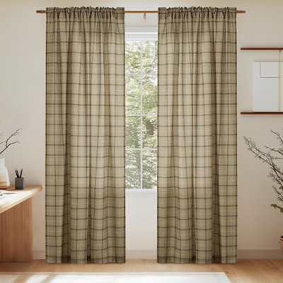 Rustic Grid Pattern Linen Light Filtering Plaid Curtains for Living Room Dining Room, Farmhouse Rod Pocket Back Tab Semi Sheer Window Curtains, 1 Pair
