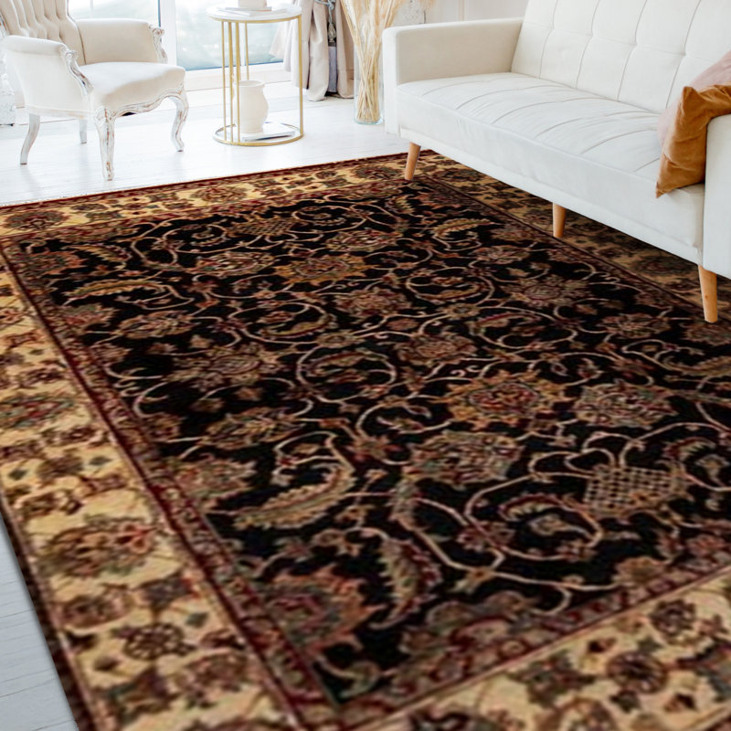 Hand-Knotted High-Quality Black and Cream Area Rug