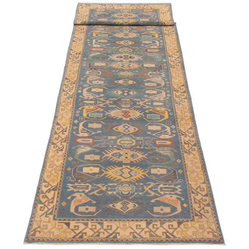 Tapis de couloir bleu nouvel âge en laine 3 pi 10 po x 19 pi Zakhir