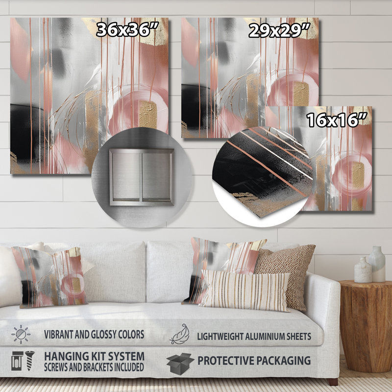 «Pink Gold Circle Complexity», art mural transitionnel abstrait formes modernes, H 16 po x l 16 po x P 1 po