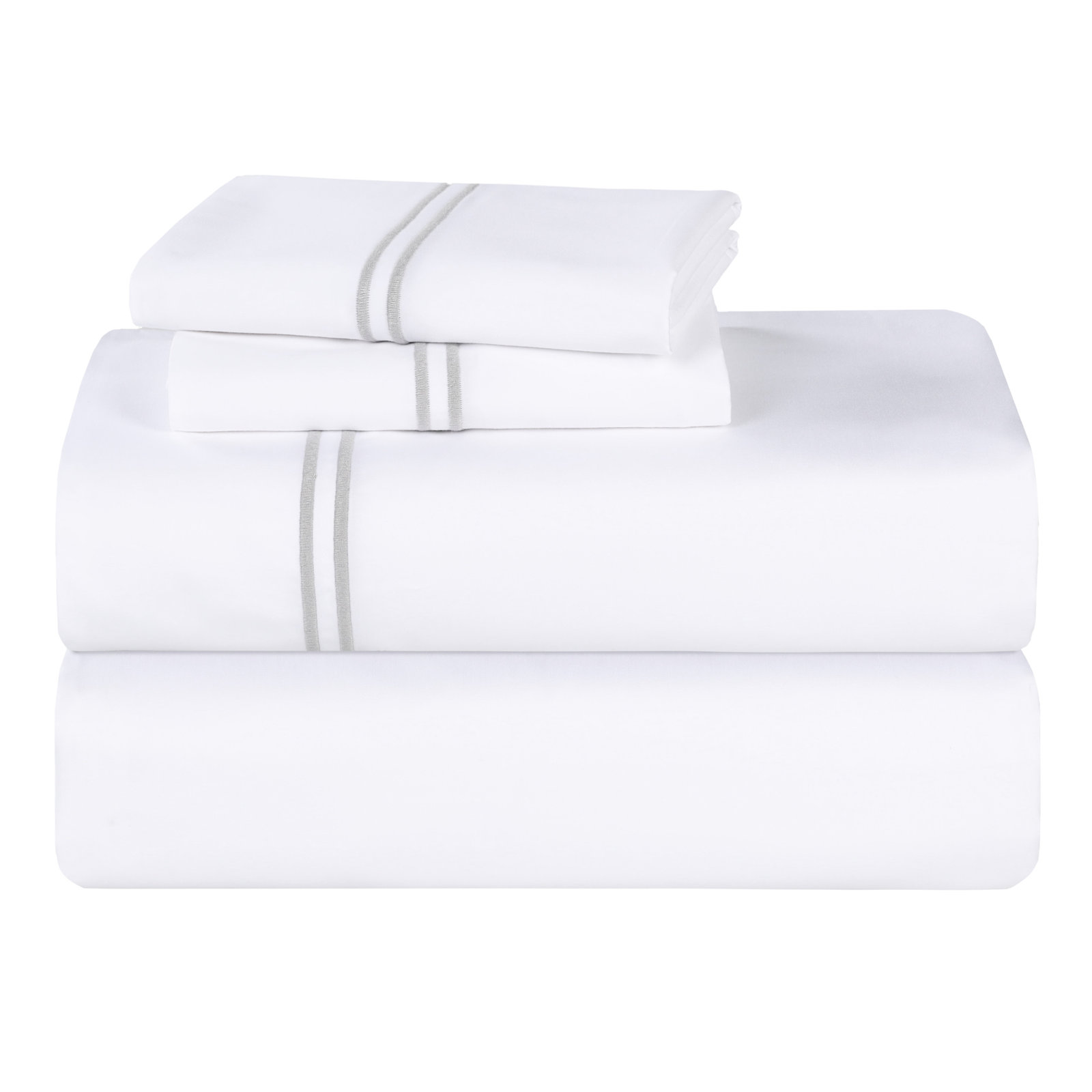 Two-Line Embroidered Cotton Sheet Set, King Sheet Set with 2 Pillowcases, White/Silver