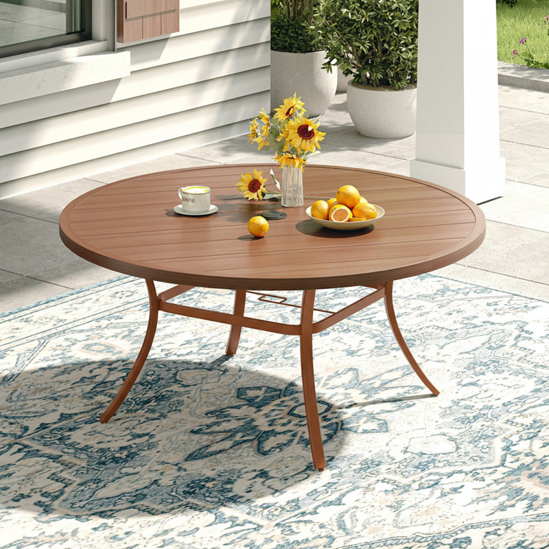 8 - Person Round Outdoor Dining Set With Metal Armrest Chairs, Walnut/Black