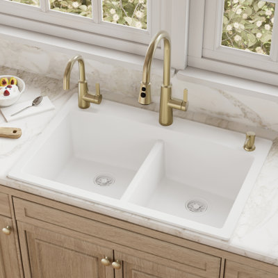 Karran Drop-in Quartz Composite 33'' X 22'' 1-Hole 50/50 Double Bowl Kitchen Sink