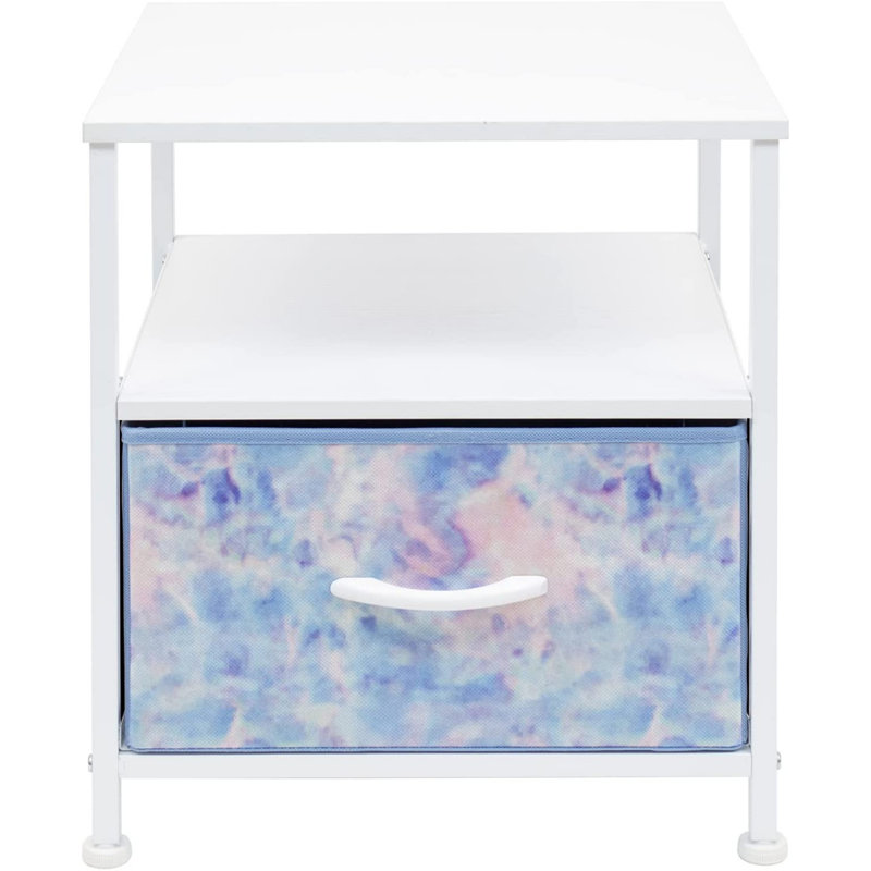 Sorbus 1 Drawer and Shelves Nightstand with Steel Frame, Wood Top & Fabric Bins in Tie Dye, White - Blue