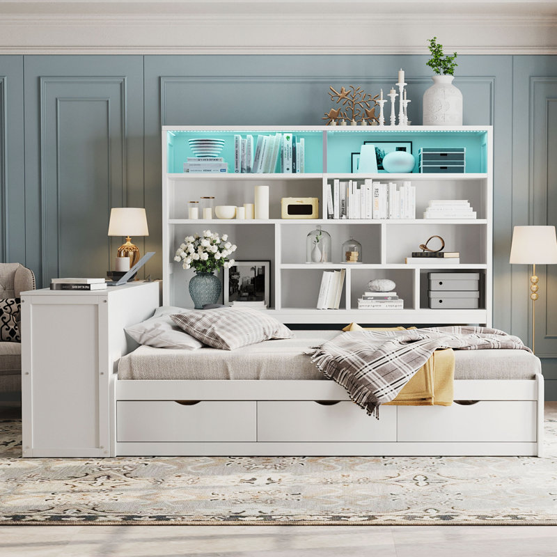 Wooden Daybed With Three Drawers, Desk, Shelves And Lights, White