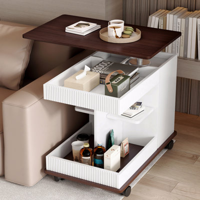 End Table With Wheels, Modern Multifunctional Sofa Side Table With Lift-Top, 360°Rotating Top And Storage Space