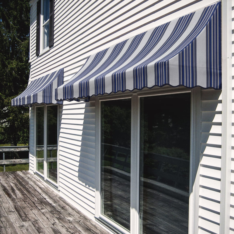 Awntech Nantucket Acrylic Fabric Fixed Awning, 31" H x 76.5" W x 24" D, Navy/Gray/White Multi