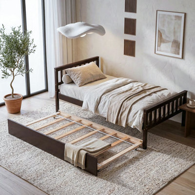 Lit plateforme simple avec lit gigogne escamotable, cadre de lit en bois de pin massif avec tête de lit à lattes et lattes de bois robustes, aucun sommier tapissier requis