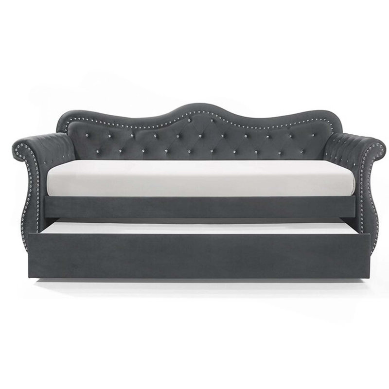 Upholstered Velvet Wood Daybed With Trundle, Gray