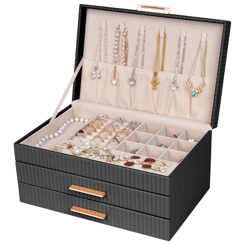 Boîtes à bijoux, organisateur de boîte à bijoux avec 2 tiroirs, grande boîte de rangement à 3 niveaux, Noir