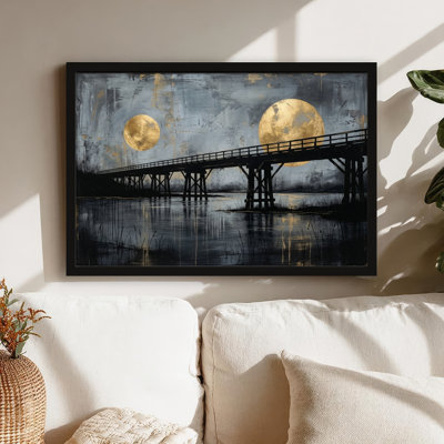 Natural Oak-Look Framed,Canvas Wall Art for Living Room, Bedroom, Office or Entryway – Decorative Wall Decor with Moon Bridge