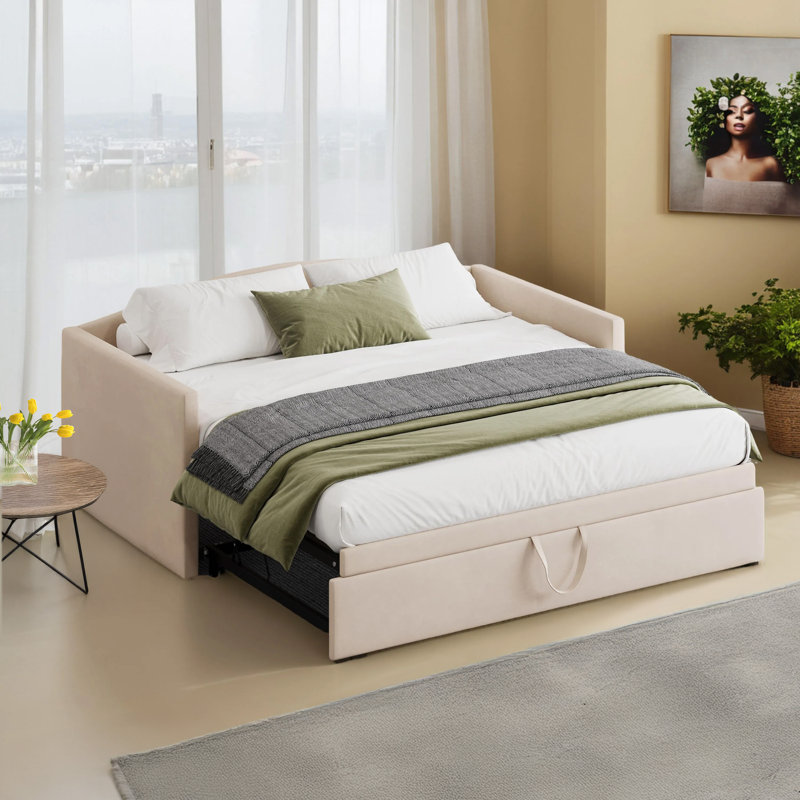 Canapé-lit rembourré avec lit gigogne allongé, Beige