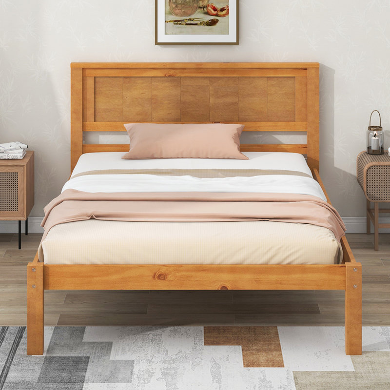Oak Platform Bed Frame with Headboard, Oak, Twin