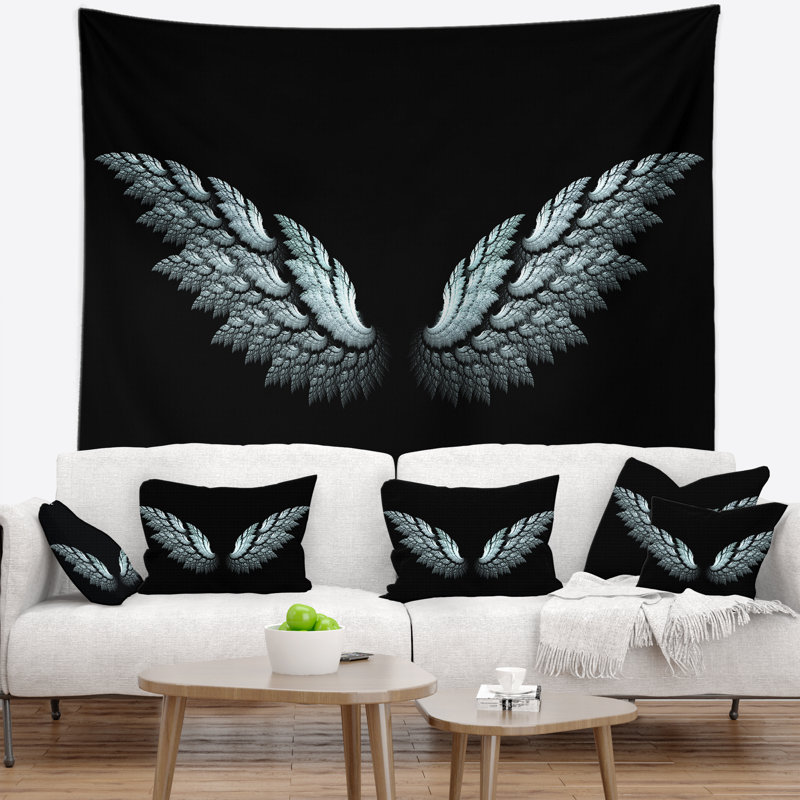 Tapisserie à ailes abstraites ange sur fond noir, H 32 po x l 39 po