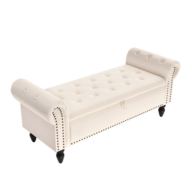Velvet Upholstered Storage Bench, Beige