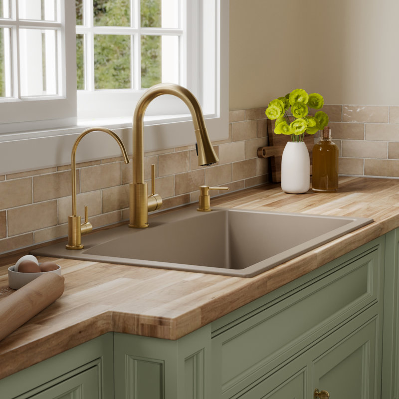 Karran Quartz 33'' X 22'' Single Bowl Top Mount Drop-in Kitchen Sink Kit, Concrete