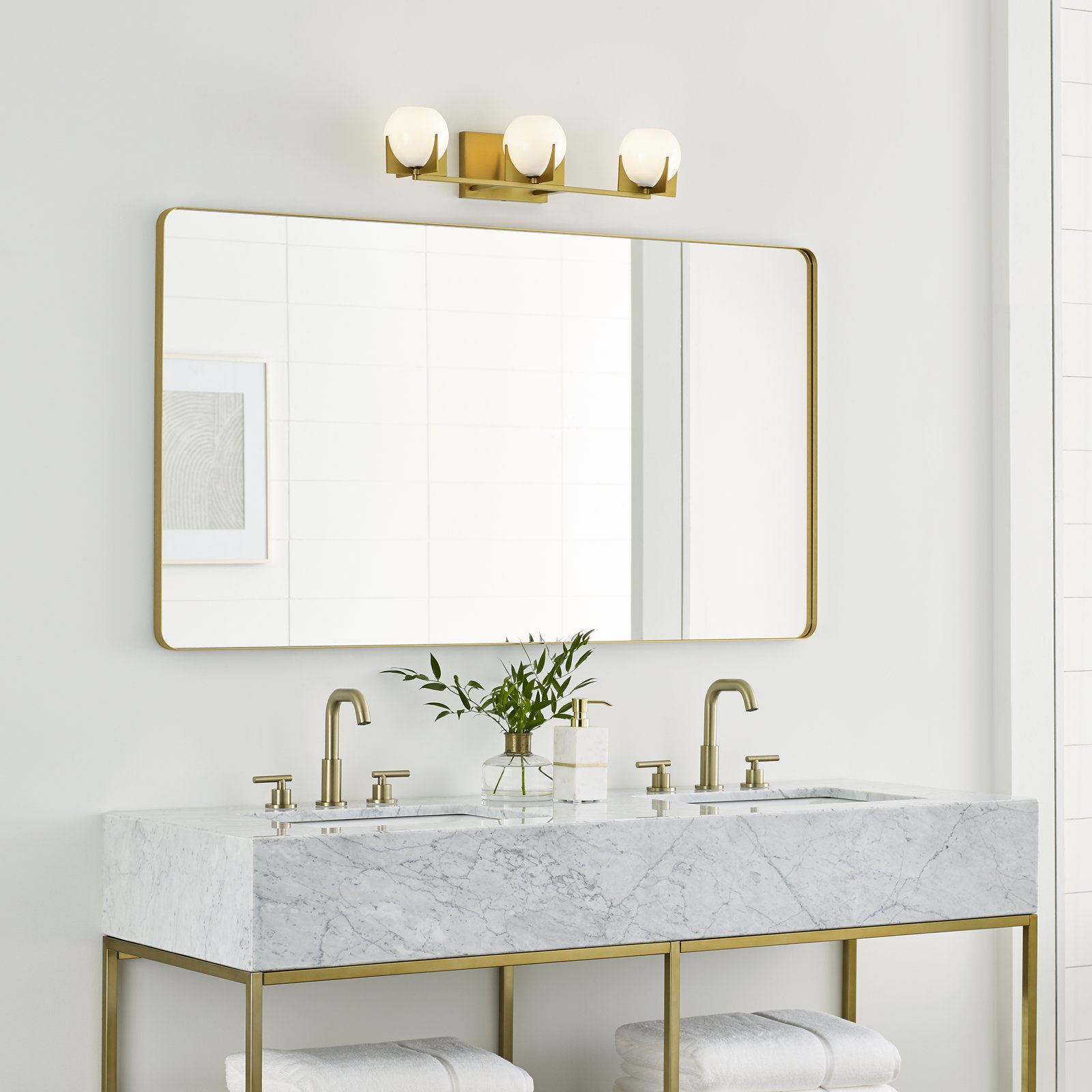 Abbott 3 Light Frosted Dimmable Vanity Light, Burnished Brass