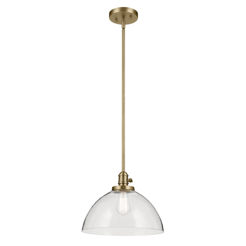 1-Light Natural Brass Dome Pendant with Clear Seeded Glass Shade, Natural Brass