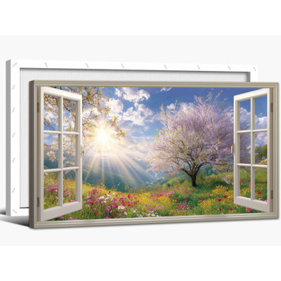  Printemps, cerisier en fleurs, paysage, fenêtre ouverte, paysage, impressions sur toile, art mural sur toile pour le salon et la maison, 20 x 40 pouces