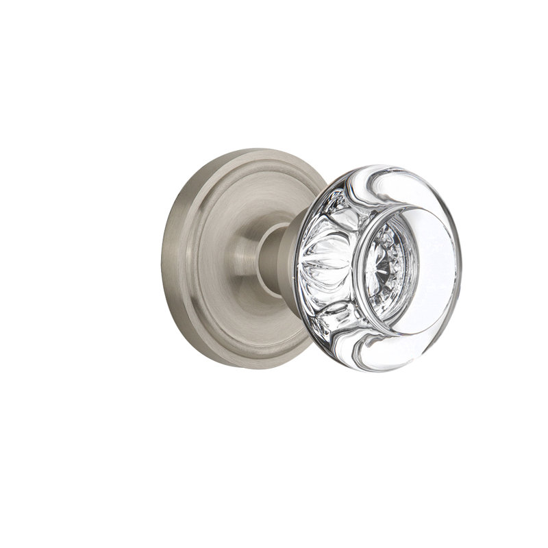 Rosette classique avec poignée de porte ronde en cristal transparent, Nickel satiné, 2.75"