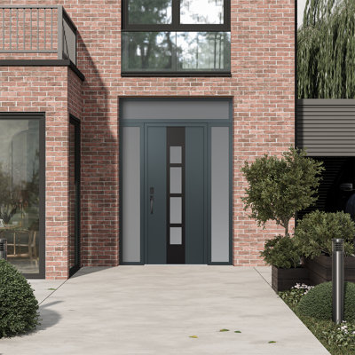 Diamond A10 Right-Hand 68 In. X 96 In. Panel Black Steel Anthracite And Anthracite Frosted Glass With 2 Sidelites And Transom Frosted Glass Prehung Front Entry Door