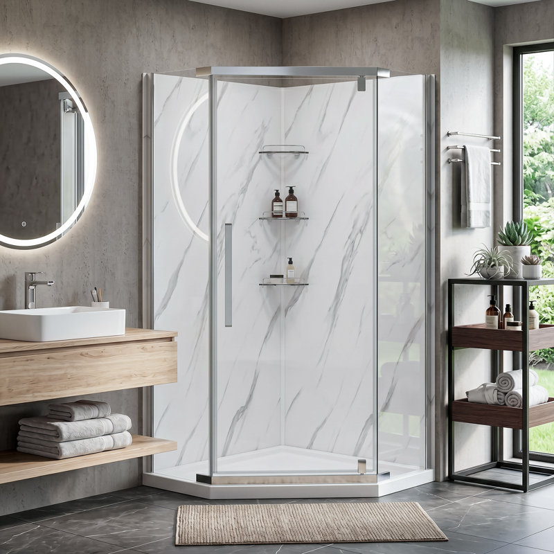 Ensemble de douche de coin Neo Angle à pivot pivotant sans cadre 38 po x l 79 po Dreamroid, Chrome chrome