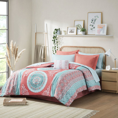 Édredon double avec draps - Bordure de couleur unie médaillon corail