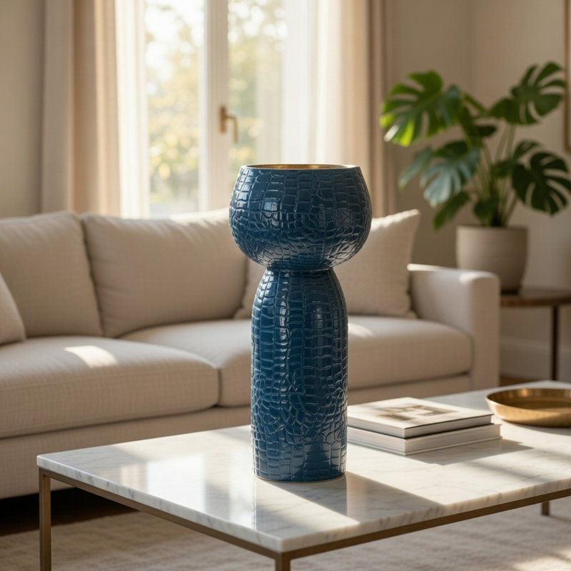 Vase Dany, texture crocodile, base étanche, aluminium bleu 10 pouces