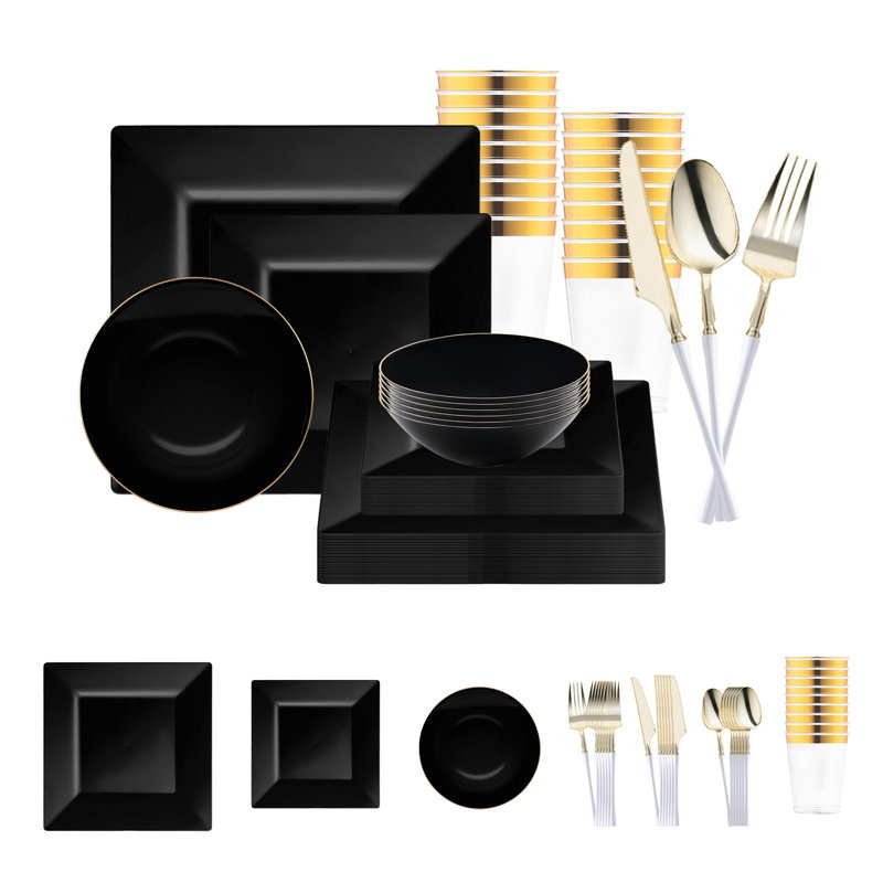 Black Square Disposable Plastic Tableware Set - 120 Settings