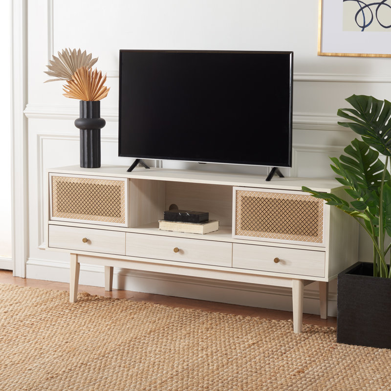 Meuble télé pour téléviseur de 65 po ou moins Esther, Blanc blanchi / maille dorée