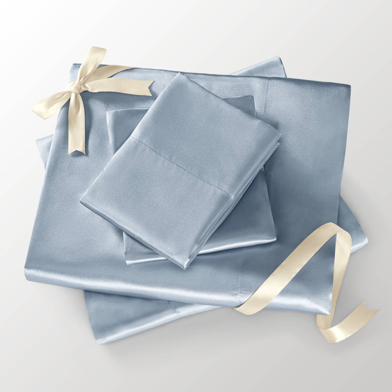 Satin Blue 100% Satin Luxury Wrinkle Resistant 6-Piece Queen Sheet Set, Queen Sheet Set + 4 Standard Pillowcases, Blue